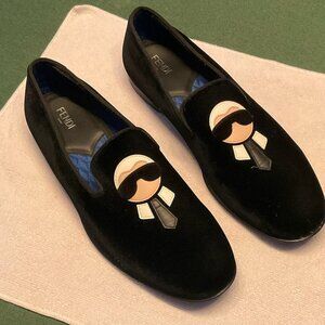 Fendi Mens Black Karlito Velvet Mink Fur Mocassin Slip On Loafers Size 10.5